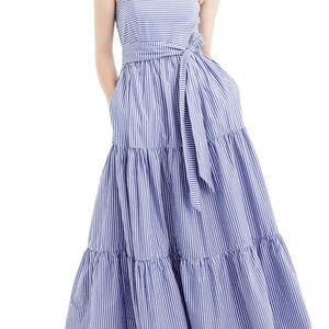 J. Crew Blue and White Striped Sleeveless Maxi with Waist Tie